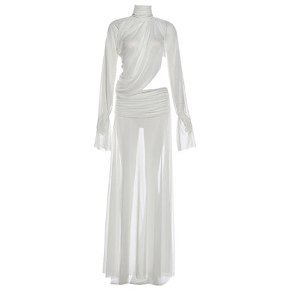 Winter Women Clothing Sexy See through Turtleneck Bell Sleeve Top Split Skirt Two Piece Sets