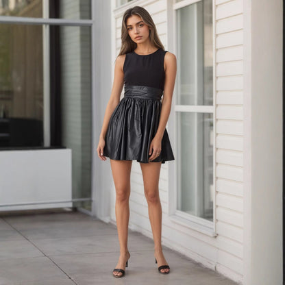 Graceful Fashionable Sleeveless round Collar Design Leather Stitching Dress by Ragazza