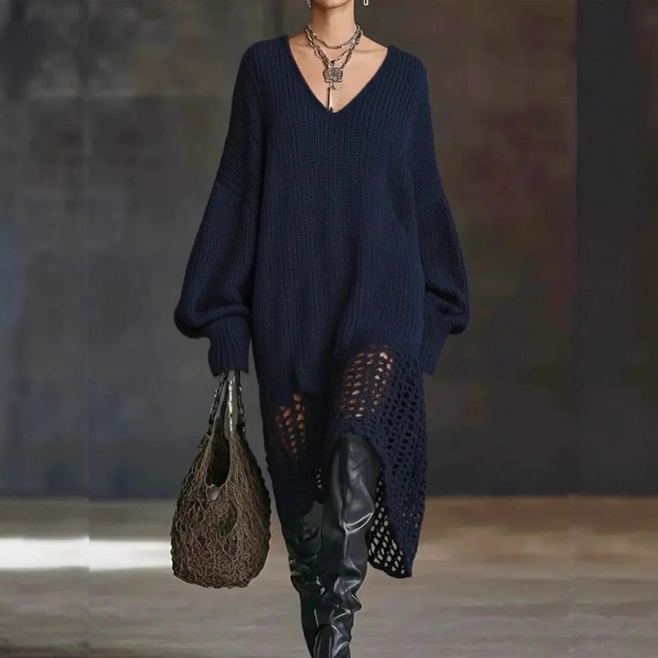 V neck Knitted Dress Irregular Asymmetric Hem Hollow Out Cutout out Loose Dress