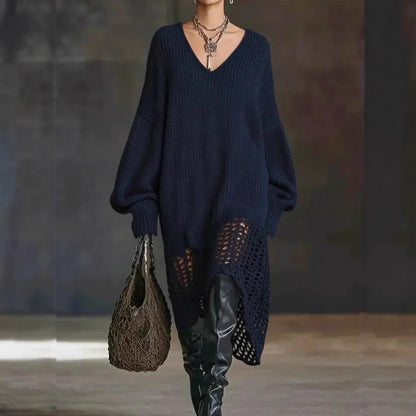V neck Knitted Dress Irregular Asymmetric Hem Hollow Out Cutout out Loose Dress