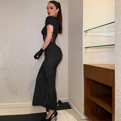 Women Clothing Sexy round Neck Slim Fit Slimming See through Split Short Sleeve Elegant Dress by Ragazza