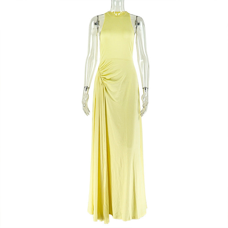 Women Clothing Fitted Waist Pleated Design Hip Dress Round Neck Sleeveless Dress