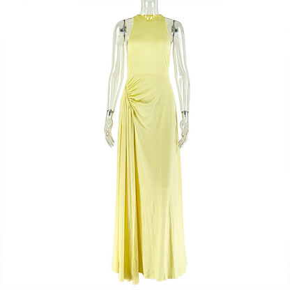 Women Clothing Fitted Waist Pleated Design Hip Dress Round Neck Sleeveless Dress