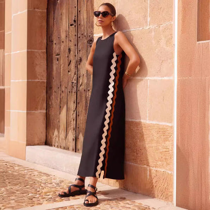 Spring Summer Casual Round Neck Vest Solid Color Lace Stitching Mid Length Dress
