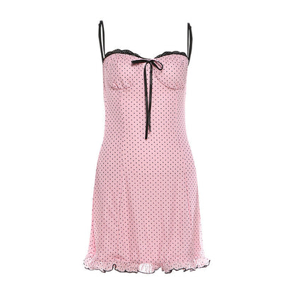 Spring Summer Women Clothing French Sizzling Contrasting Lace Backless Short Polka Dot Dress For Women by Ragazza