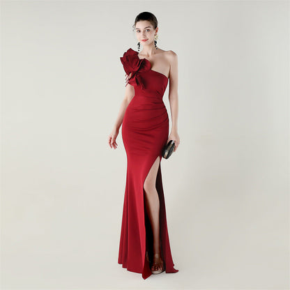 One Shoulder Craft Beading Wave Floral Satin High Slit Sexy Evening Dress Dinner Party Wedding Social