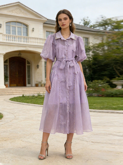 Spring Puff Sleeve Solid Color Waist Tight Collared Patchwork Maxi Dress Two Piece Elegant Dress for Women by Ragazza
