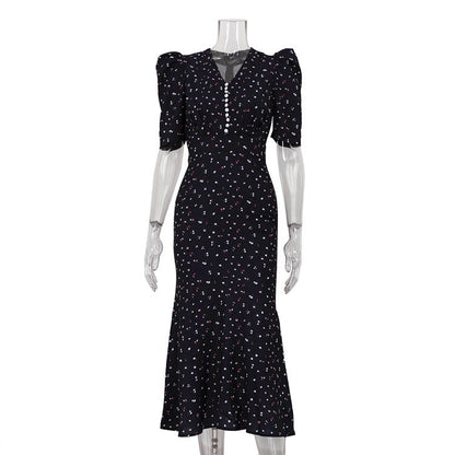 Women Clothing Digital Printing Summer French Short Sleeve Dress V neck Pleated High Waist Floral Maxi Dress