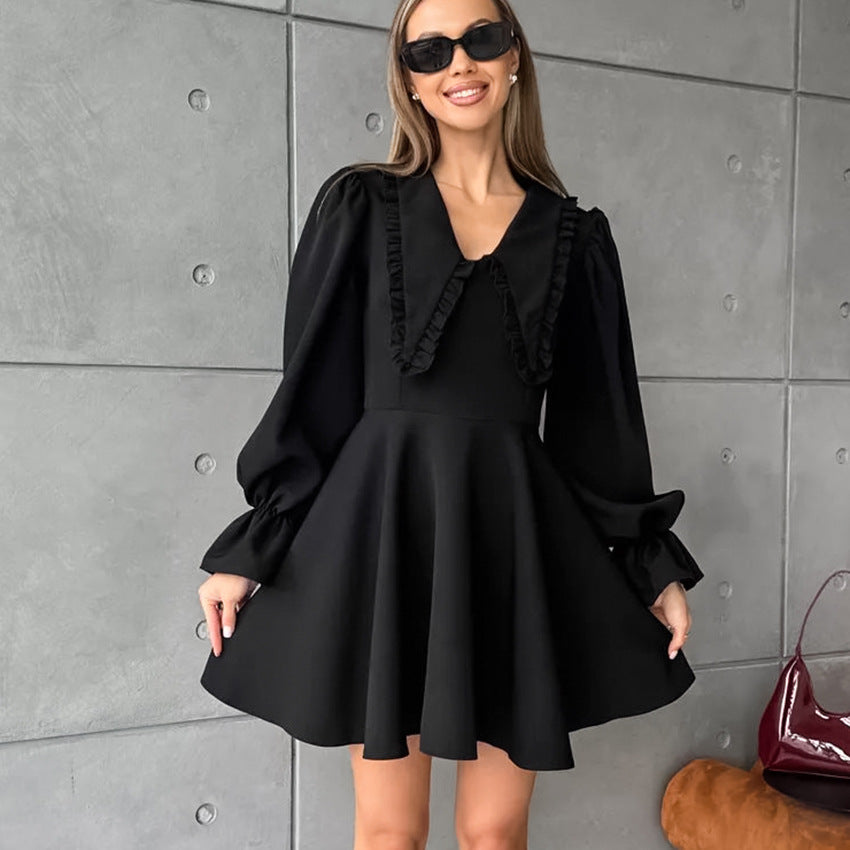 Autumn Winter Black Sexy Design Collared Bell Sleeve French Long Sleeve Dress All Matching Slim Fit Women by Ragazza