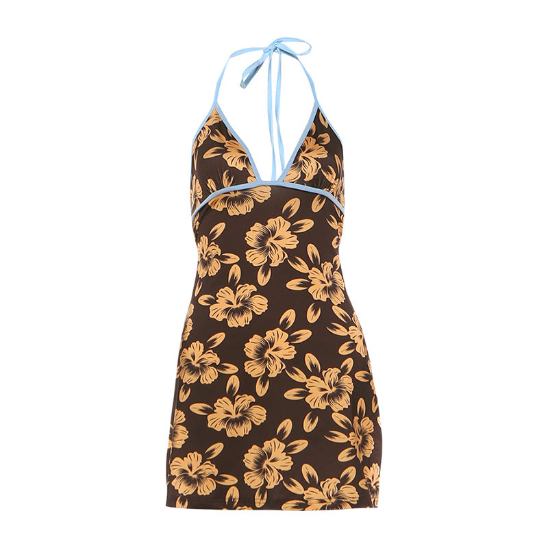 Spring Summer Women Clothing Sexy Vacation V Neck Printed Backless Slim Fit Halter Dress by Ragazza