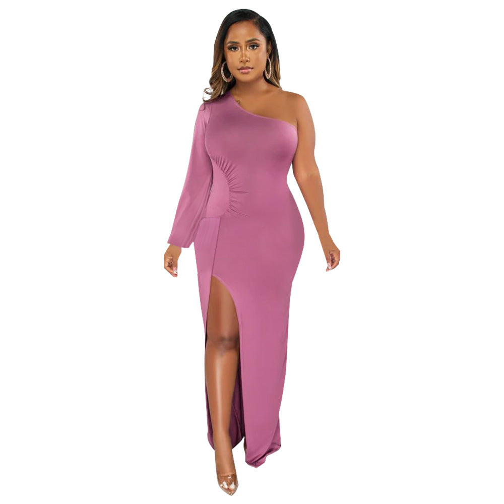 Supply Women Wear One Shoulder Lantern Sleeve Slim Fit Sexy Slit Dress by Ragazza