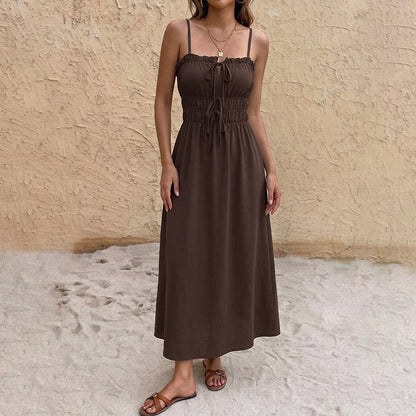 Simple Retro Solid Color Drawstring Waist Trimming Spaghetti Straps Dress by Ragazza
