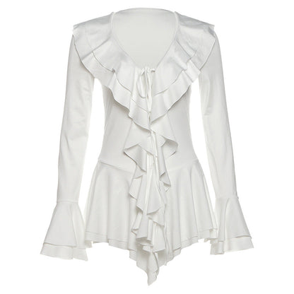 Fall Women Clothing V neck Slim Fit Tied Ruffled Flare Sleeve Dress
