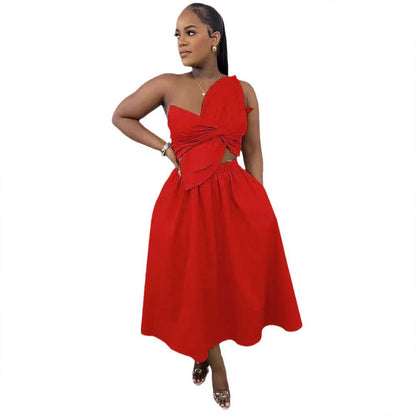 Sexy Solid Color Smocking One Shoulder Petal Hollow Out Cutout out Dress by Ragazza
