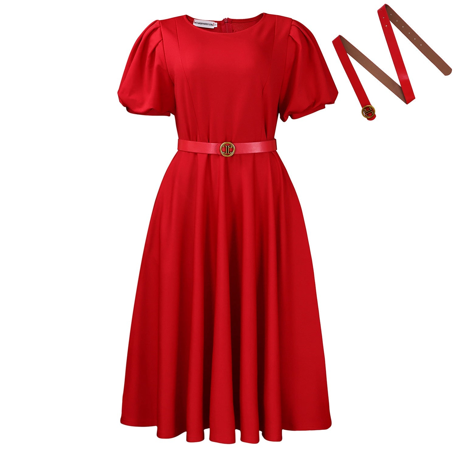 Women Clothing round Neck Puff Sleeve High Waist Dress by Ragazza