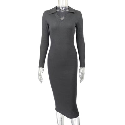 Autumn Winter Women Clothing Midi French Sexy Deep V Plunge Plunge Collared Slimming Dress