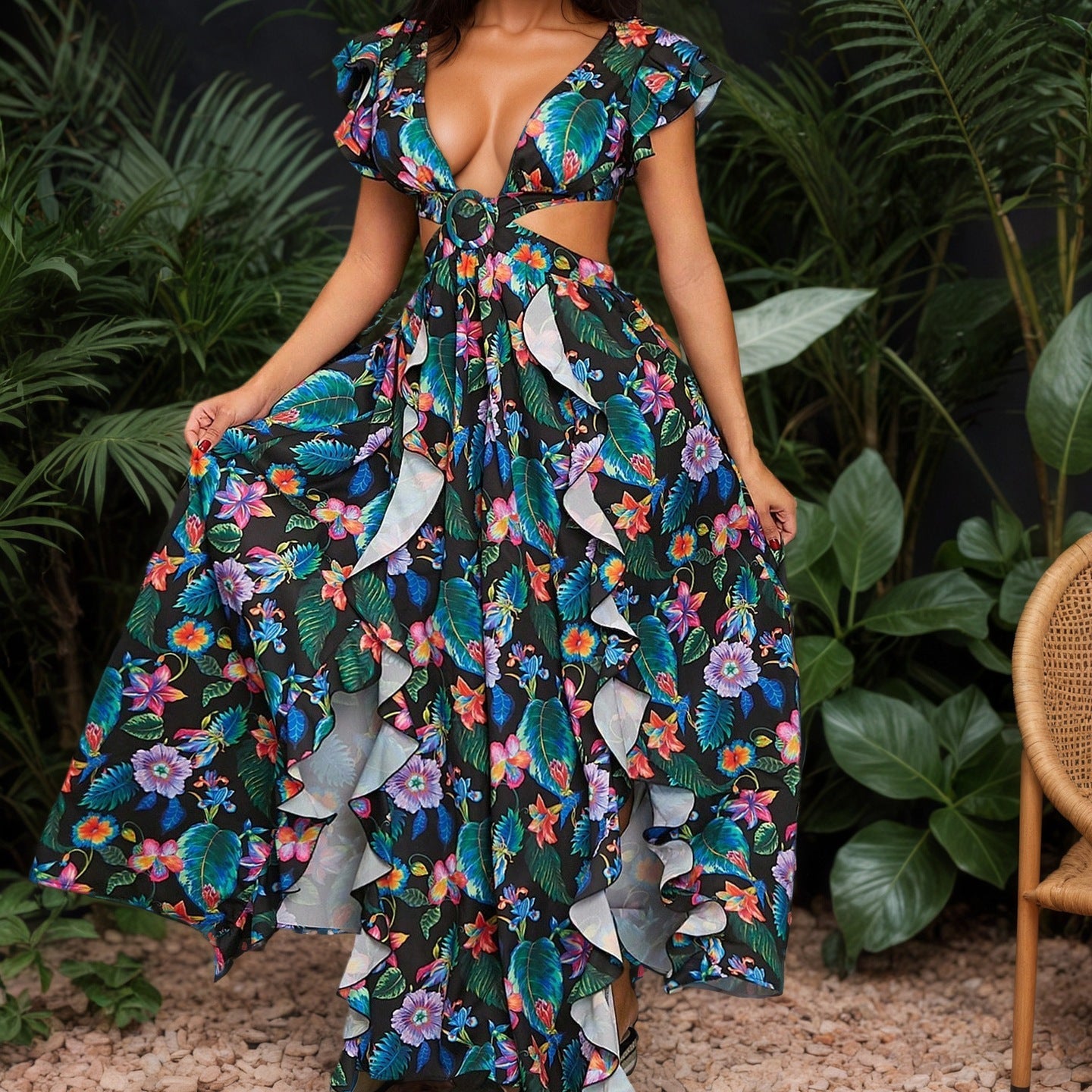 Summer Printed Maxi Dress High Waist Safety Pin Flying Sleeves Lace up Backless Vacation Dress by Ragazza