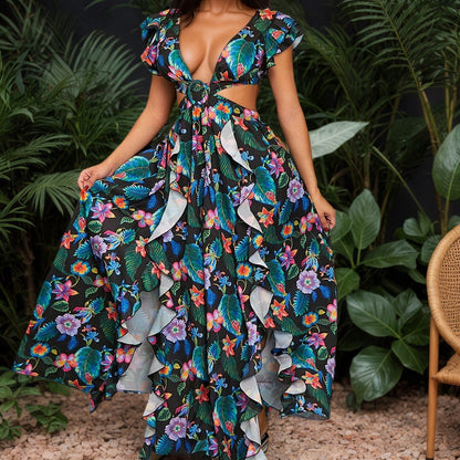 Summer Printed Maxi Dress High Waist Safety Pin Flying Sleeves Lace up Backless Vacation Dress by Ragazza