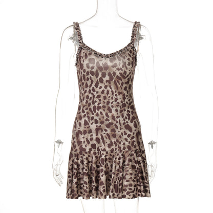 Women Clothing Summer Slim Fit Sexy Slip Dress Wooden Ear Printed Sheath Dress