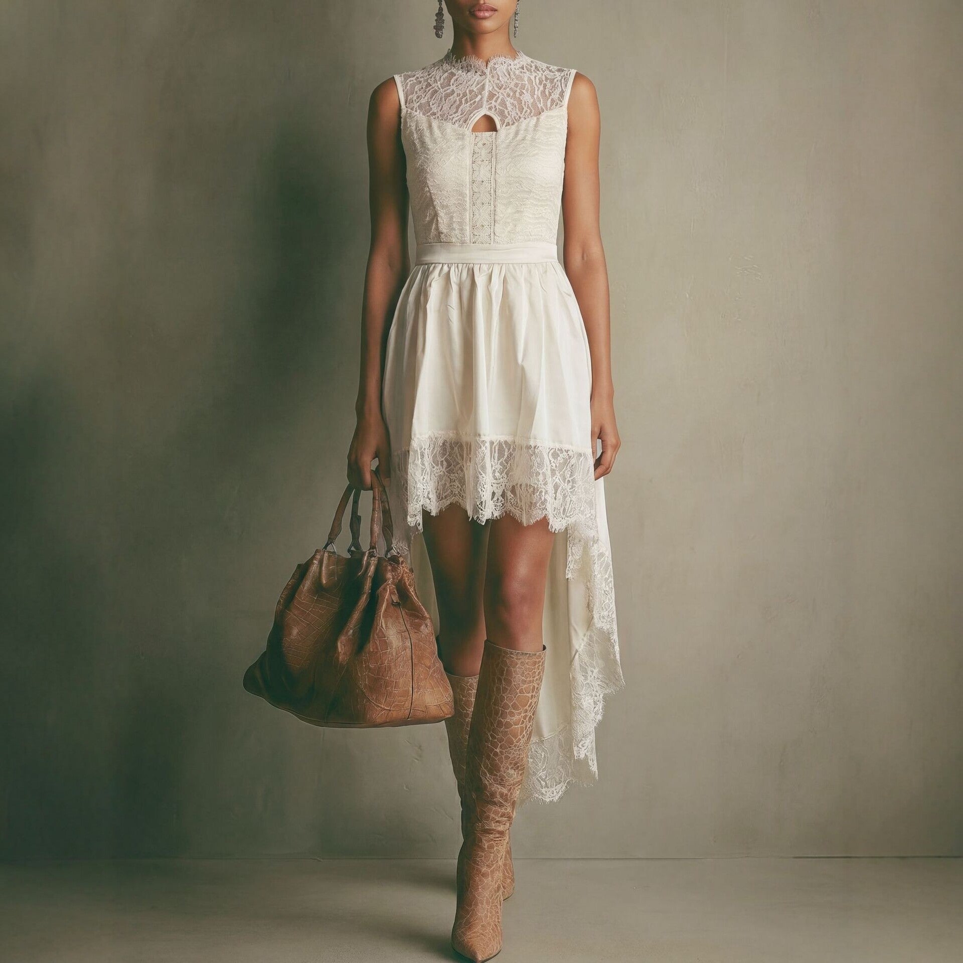 French Lace Hollow Out Cutout Sleeveless Dress Women Summer Vacation Irregular Asymmetric High Waist Dress without Belt by Ragazza