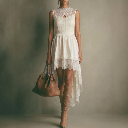 French Lace Hollow Out Cutout Sleeveless Dress Women Summer Vacation Irregular Asymmetric High Waist Dress without Belt by Ragazza