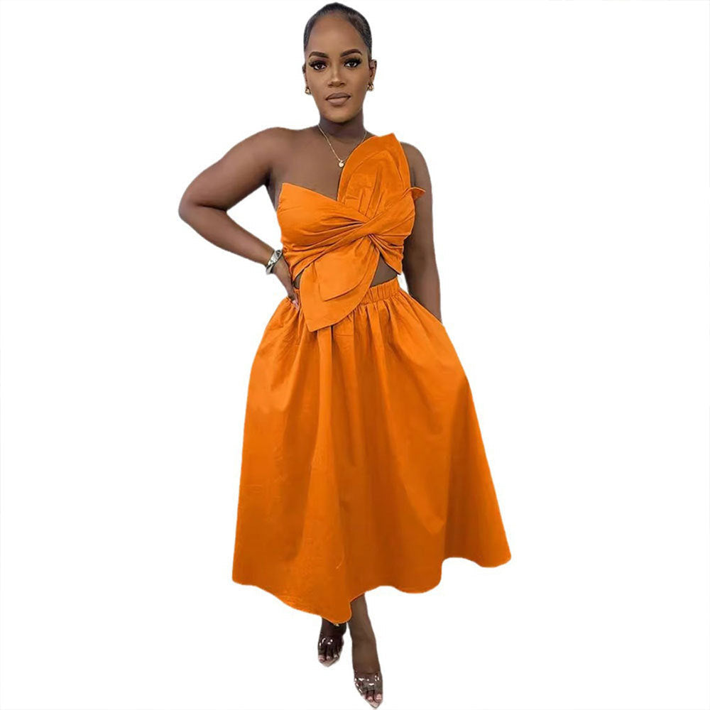 Sexy Solid Color Smocking One Shoulder Petal Hollow Out Cutout out Dress by Ragazza