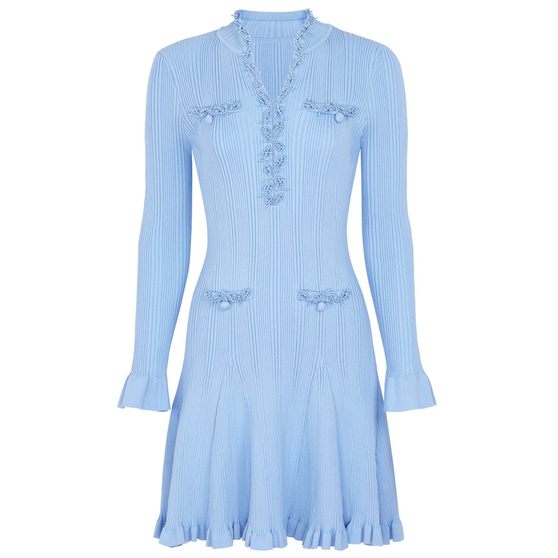 Spring Autumn Fashionable Knitted Heavy Industry Beaded Slim Fit Slimming Long Sleeves Dress