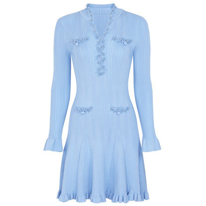Spring Autumn Fashionable Knitted Heavy Industry Beaded Slim Fit Slimming Long Sleeves Dress