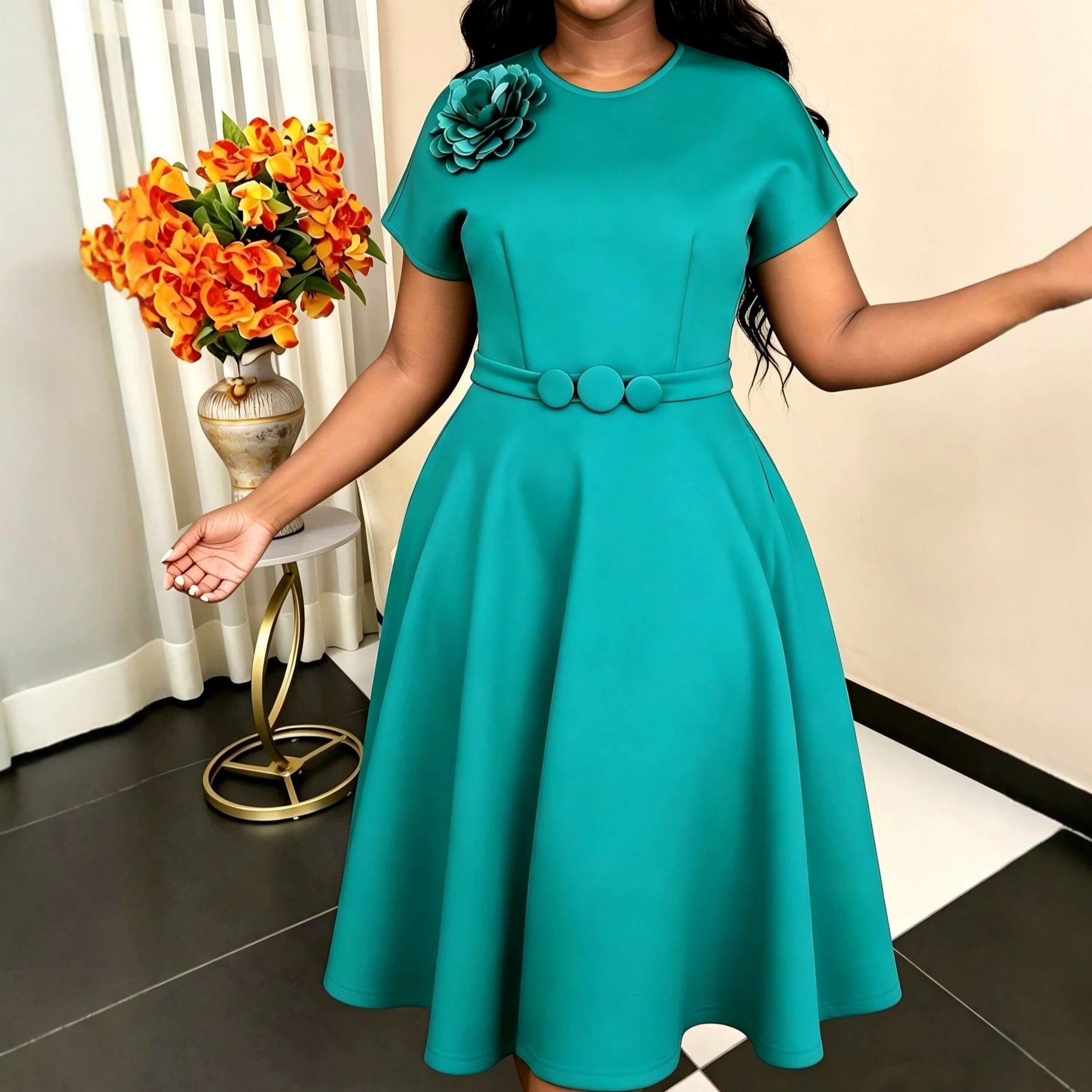 Elegant Decorative Button Dress A Swing High Waist Slimming Three Dimensional Applique Solid Color Dress by Ragazza