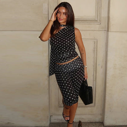 Winter Mesh Stitching Polka Dot Shoulder Diagonal Collar Top Slim Cropped Pants Set