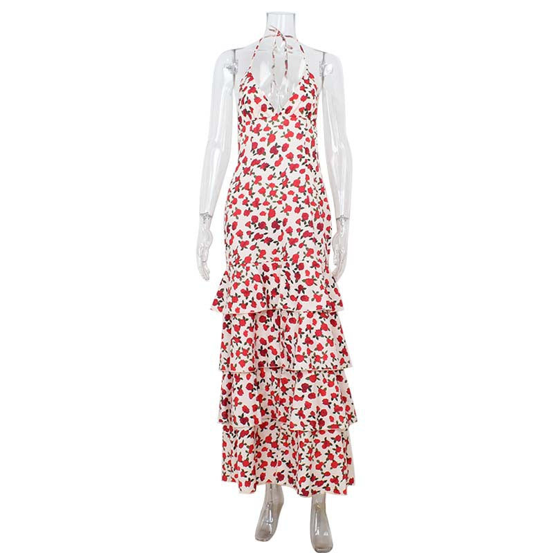 Sexy Bare Back V neck Halter Spring Sexy Sheath Tiered Dress Floral Maxi Dress