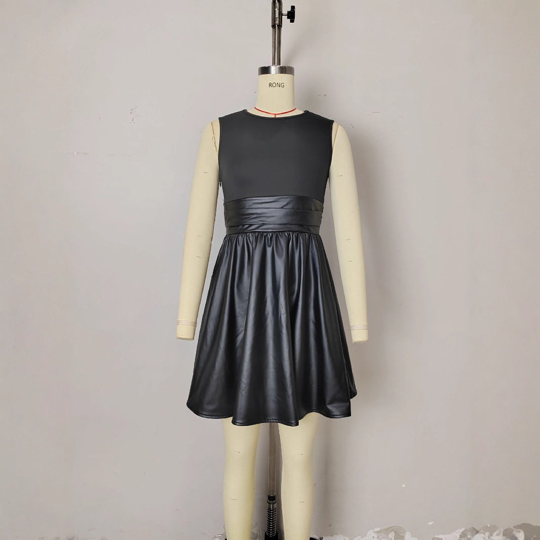 Graceful Fashionable Sleeveless round Collar Design Leather Stitching Dress by Ragazza