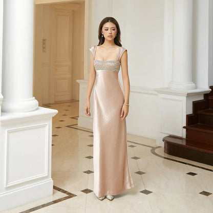 Autumn Winter Women Elegant Strap Tube Top Backless Rhinestone Waist Tight Maxi Dress for Women