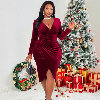 Velvet Dress Deep V Plunge neck Long Sleeve Pleated Waist Tight Split Slimming Christmas Sheath Dress by Ragazza