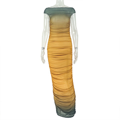 Slim Fit Slimming Women Color Matching Pleated Hip Dress off Neck Gradient Color One Step Maxi Dress