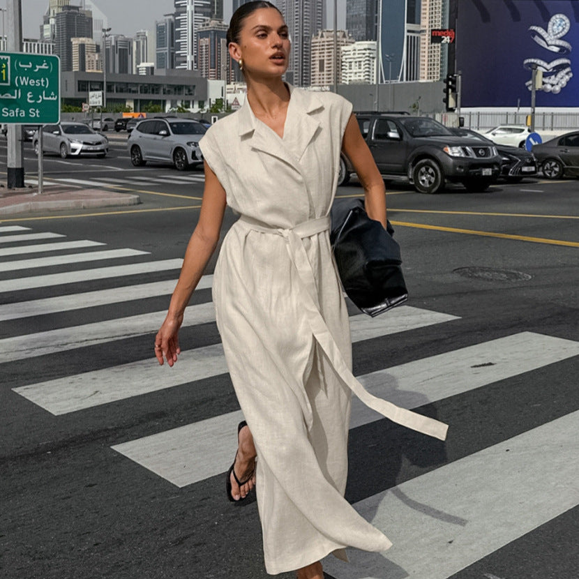 Women Cotton Linen Collar Belt Office Dress Spring Summer Dress by Ragazza