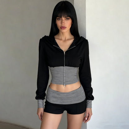 Women Wear Casual Striped Stitching Contrast Color Zipper Hooded Top Shorts Two Piece Set