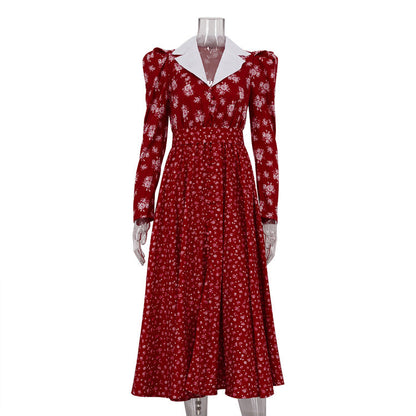 Contrast Color Design Collared Long Sleeve A line Women Waist Controlled Printed Large Swing Dress