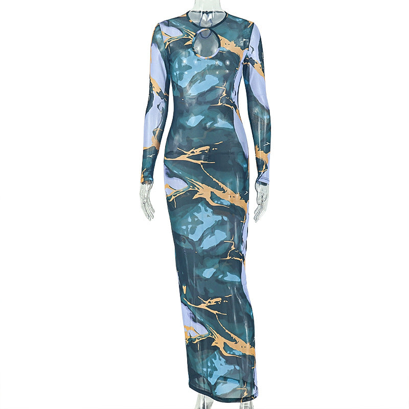 Retro Minority Women Clothing Hollow Out Cutout Shopping Hip Dress Hiking round Neck Long Sleeve Dress by Ragazza