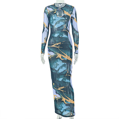 Retro Minority Women Clothing Hollow Out Cutout Shopping Hip Dress Hiking round Neck Long Sleeve Dress by Ragazza
