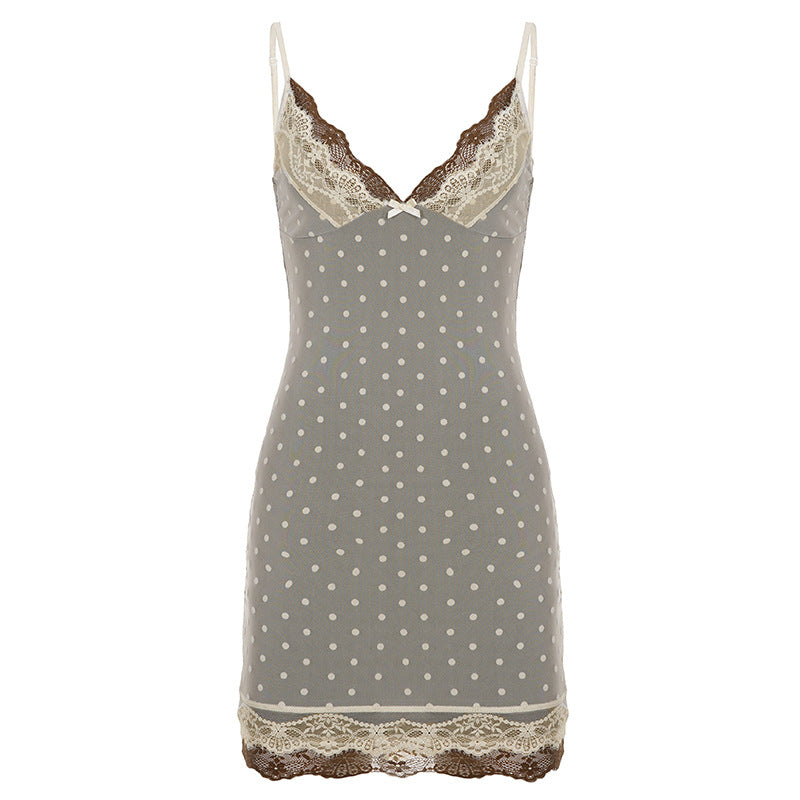 Sexy Polka Dot Lace Lace Contrast Color Cami Dress Faux Two Piece Flocking Mesh Dress by Ragazza
