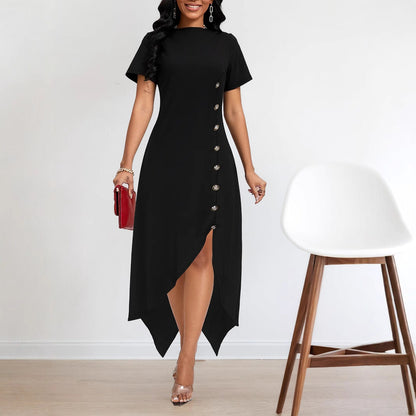 Women Clothing Elegant Irregular Asymmetric Hem Side Fastener Decoration Dress