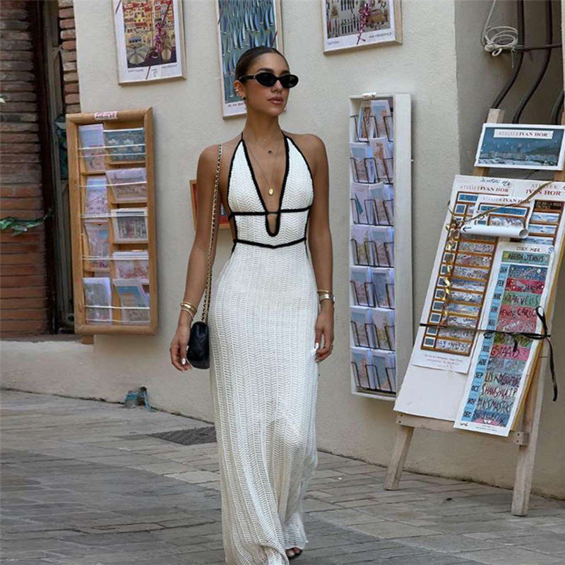 Autumn Winter Women Color Contrast V Neck Halter Lace Up Backless Knitted Dress by Ragazza