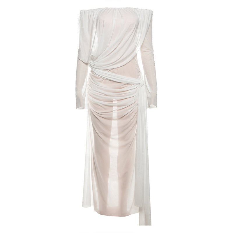 Spring Summer Women Clothing Sexy Mesh Solid Color off Shoulder Sheer Long Sleeve Dress Women by Ragazza
