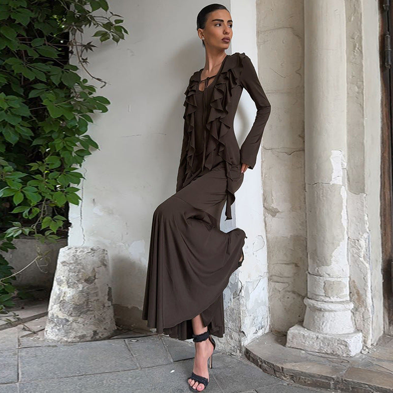 Women Clothing Autumn Ruffles Lace up Long Sleeve Waist Dress