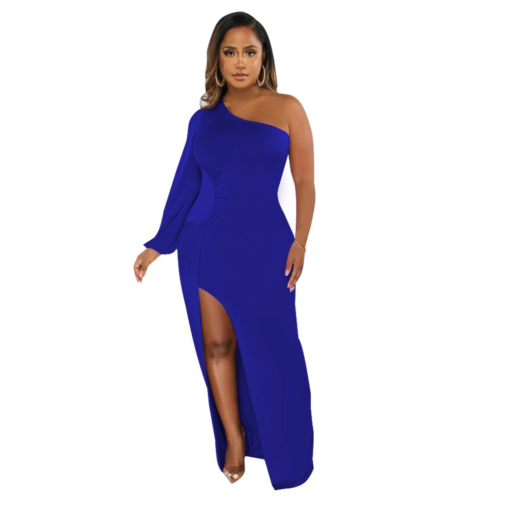 Supply Women Wear One Shoulder Lantern Sleeve Slim Fit Sexy Slit Dress by Ragazza