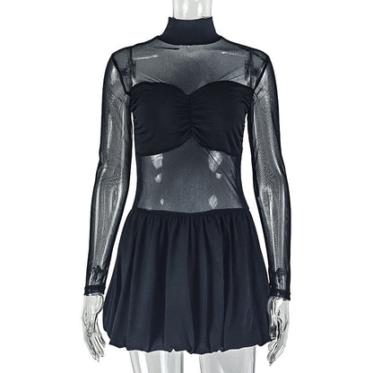 Women Clothing Pleated Slightly Transparent Personality A line Dress Solid Color Stand Collar Long Sleeve Short Dress