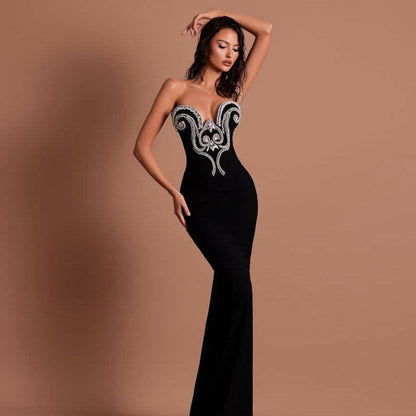 Niche Design Beads Rhinestones Tube Top Bandage One Piece Dress Party Evening Dress Slim Fit Maxi Dress by Ragazza