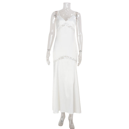 Women Clothing Solid Color Simple Elegant Slim V neck Strap Maxi Dress Lace Stitching Evening Dress