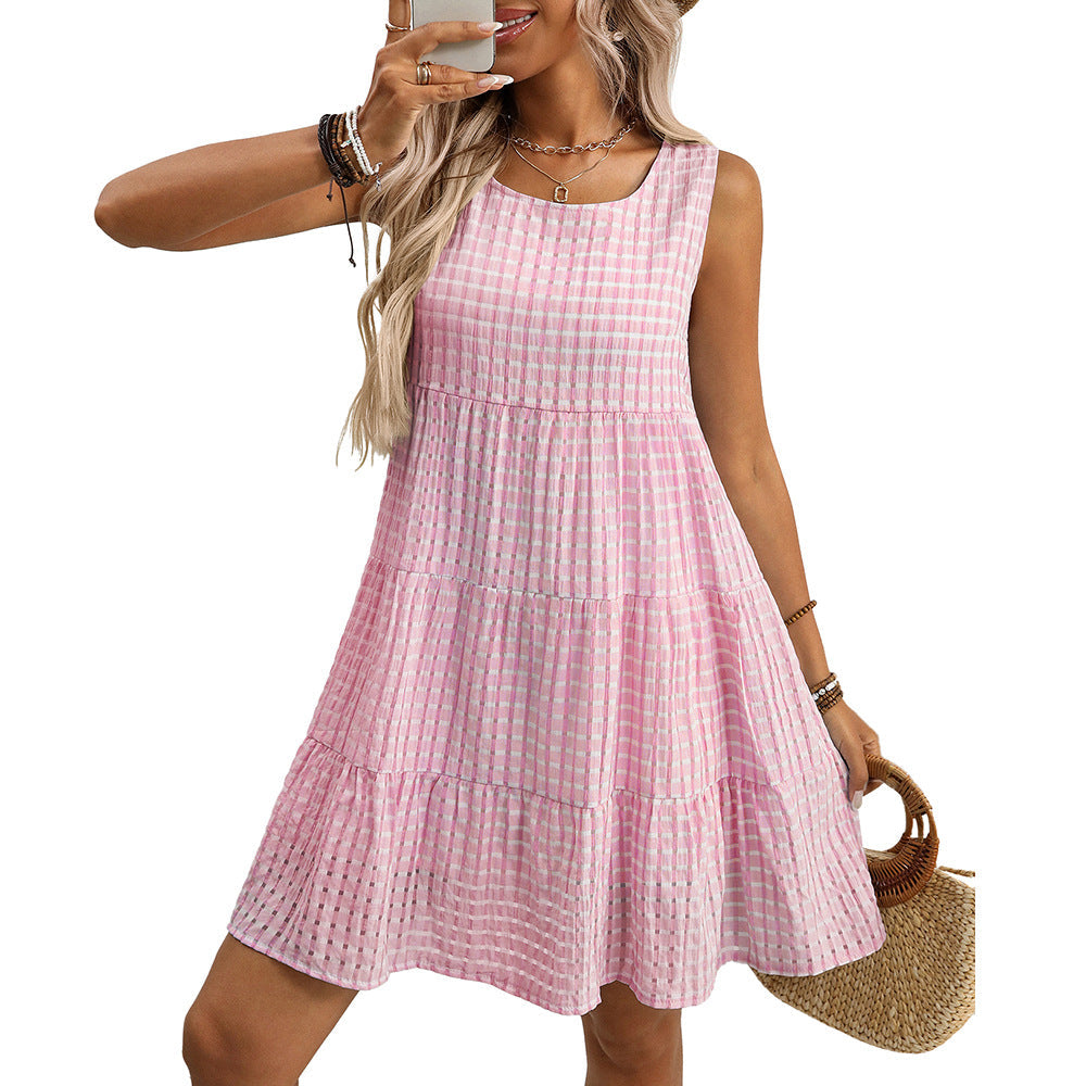 Summer Women Clothing Loose Casual Elegant Sleeveless Plaid Dress